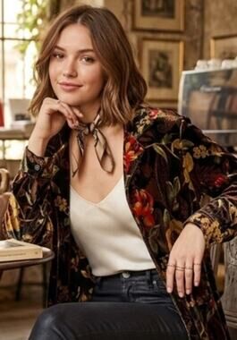 Sag Harbor Moody Colors Rose Print Velvet Button Up Blouse or Layering Shacket